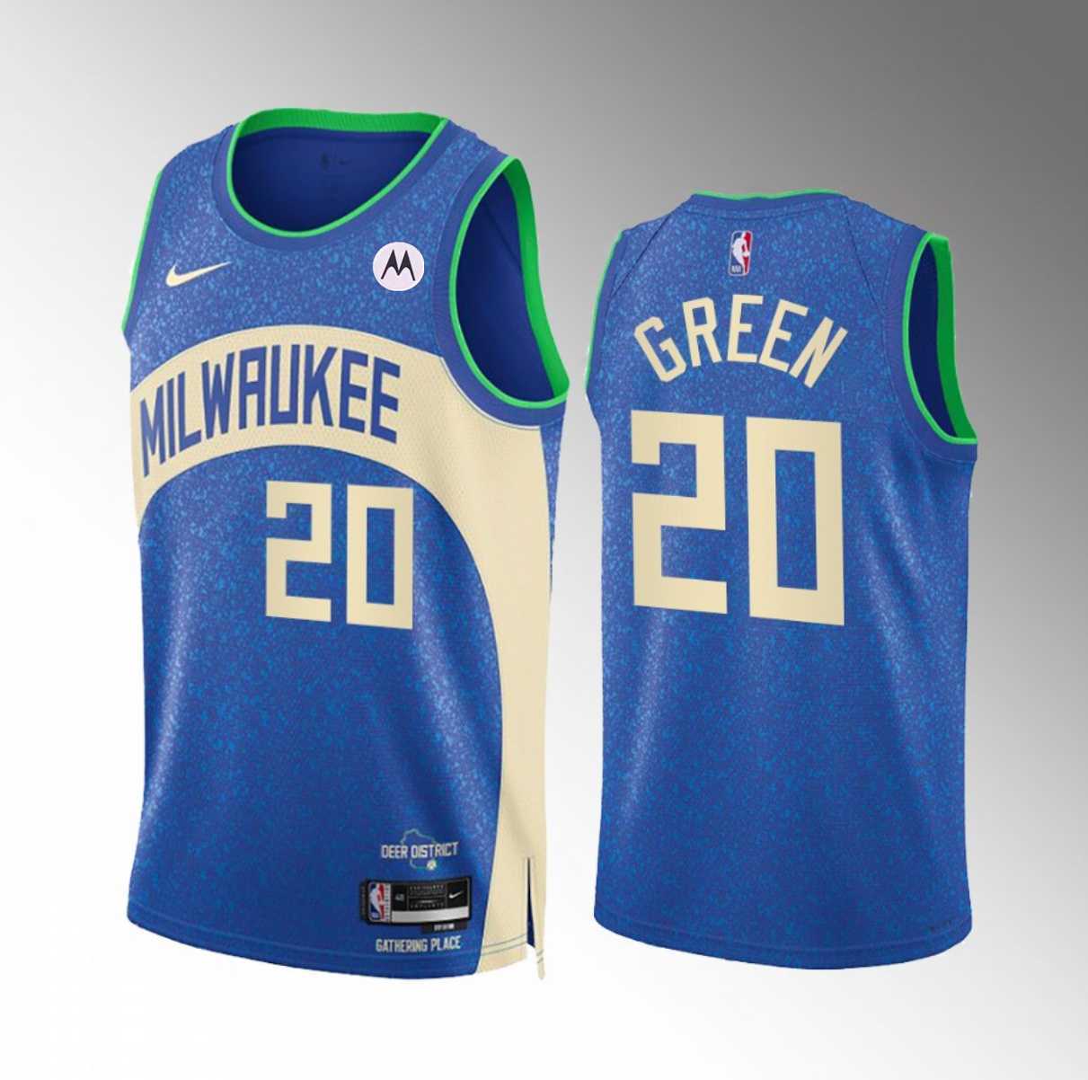 Men%27s Milwaukee Bucks #20 AJ Green Blue 2023-24 City Edition Stitched Basketball Jersey Dzhi->milwaukee bucks->NBA Jersey